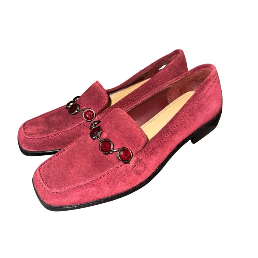 Villager Burgundy Suede Chunky 90s Loafers w/ Jeweled Chain — Women’s‎ 8